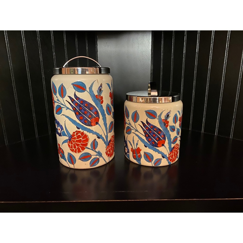 Williams Sonoma Iznik Floral Ceramic Canister Set of 2 Blue Red‎ White Stainless
